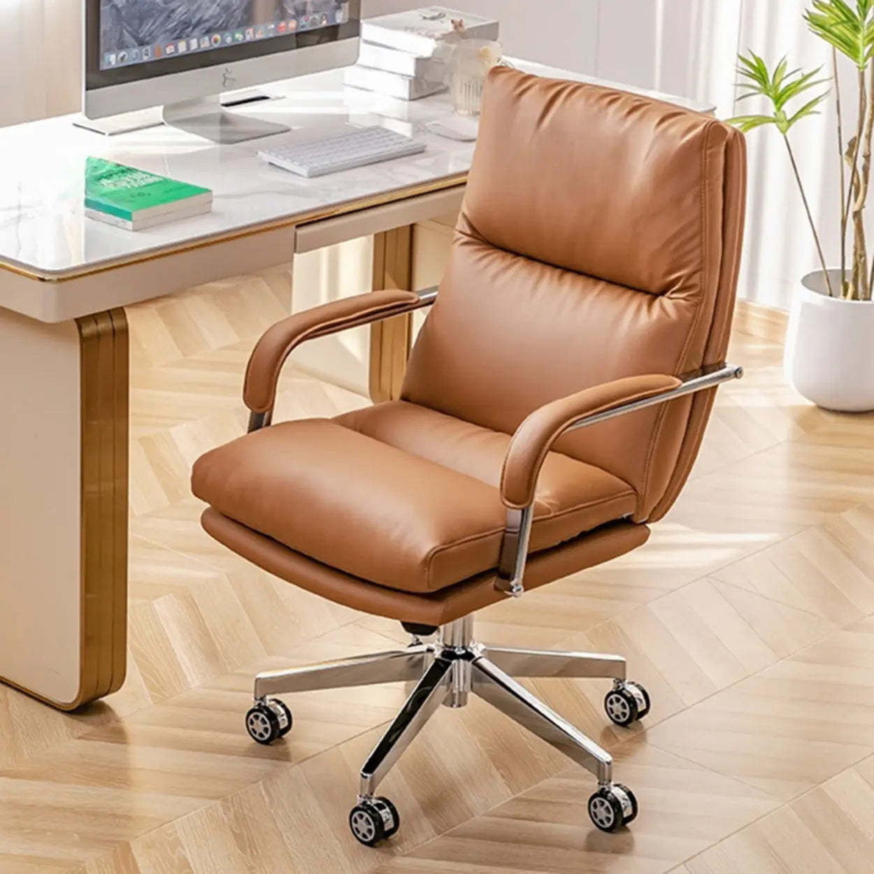Ergonomic Leather Swivel Office Chair with Adjustable Arms — Brown / Leathaire