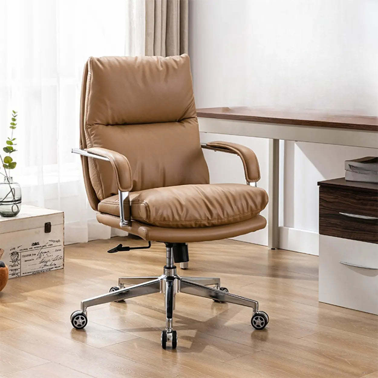 Ergonomic Leather Swivel Office Chair with Adjustable Arms — Grey / Full Grain Cow Leather