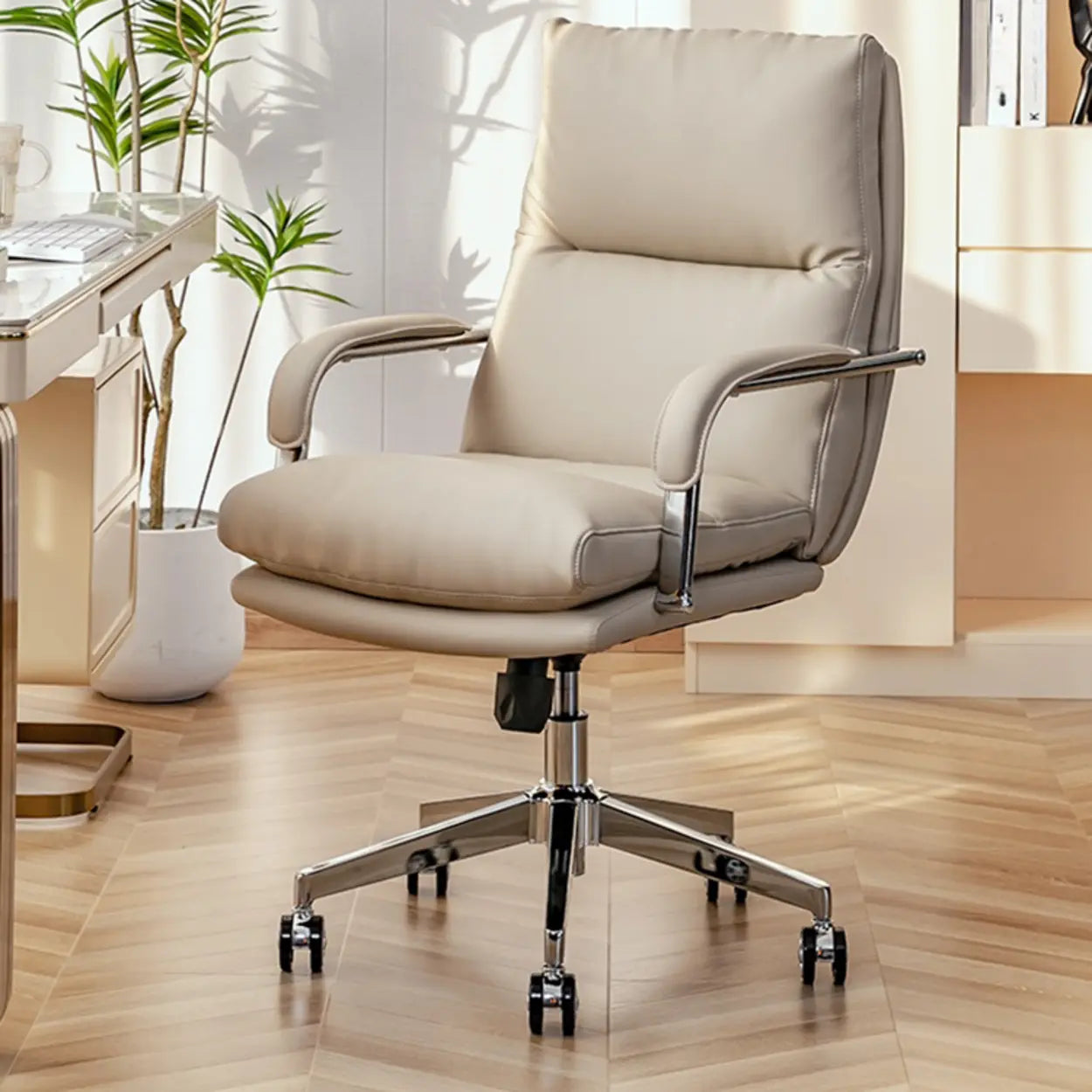 Ergonomic Leather Swivel Office Chair with Adjustable Arms — Grey / Leathaire