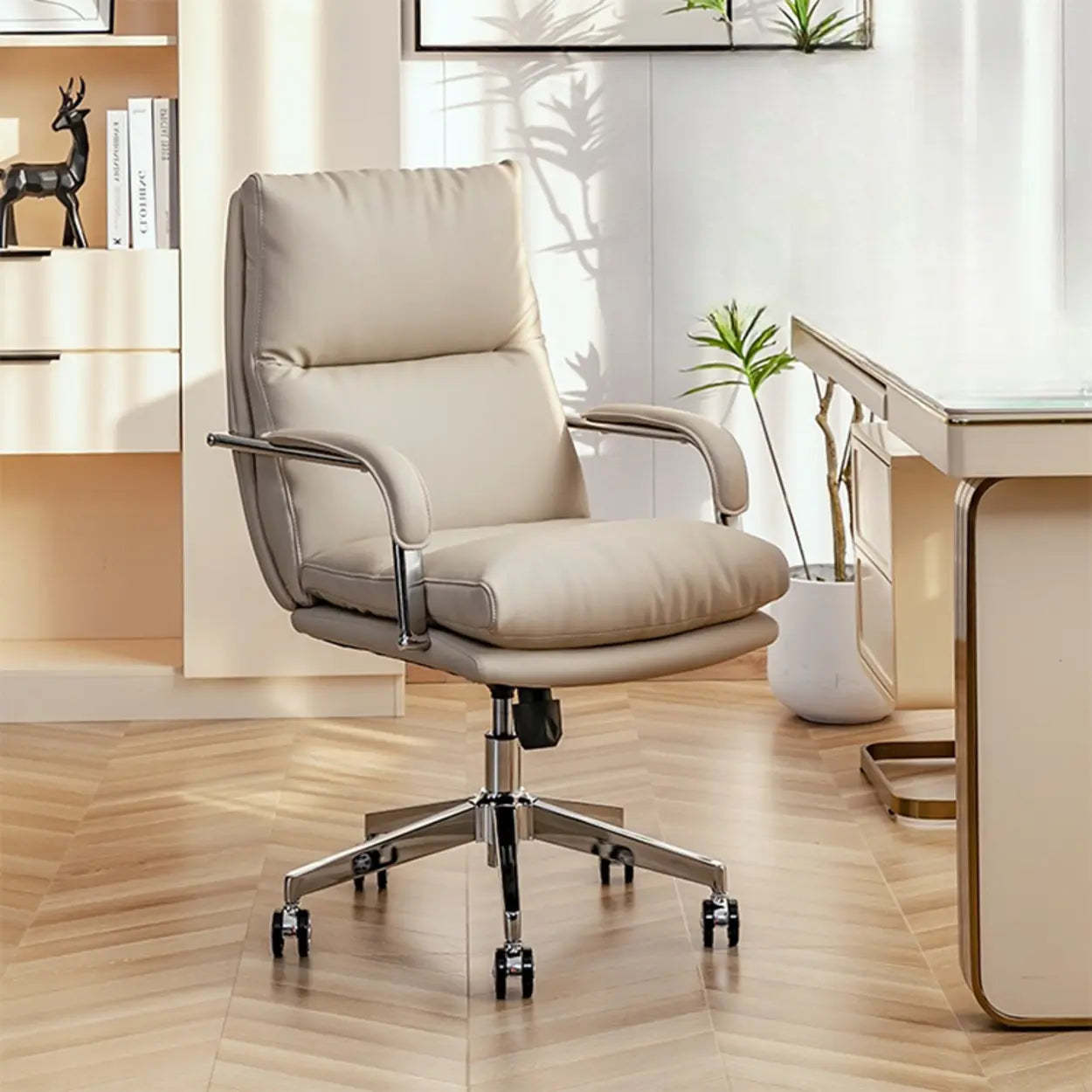 Ergonomic Leather Swivel Office Chair with Adjustable Arms — Off-White / Full Grain Cow Leather