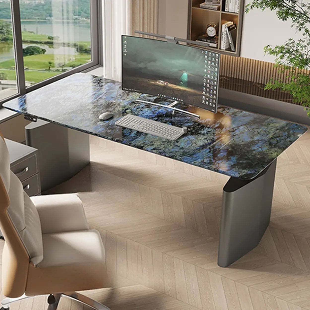 Adjustable Blue Stone Rectangular Sled Standing Desk — Without Chairs