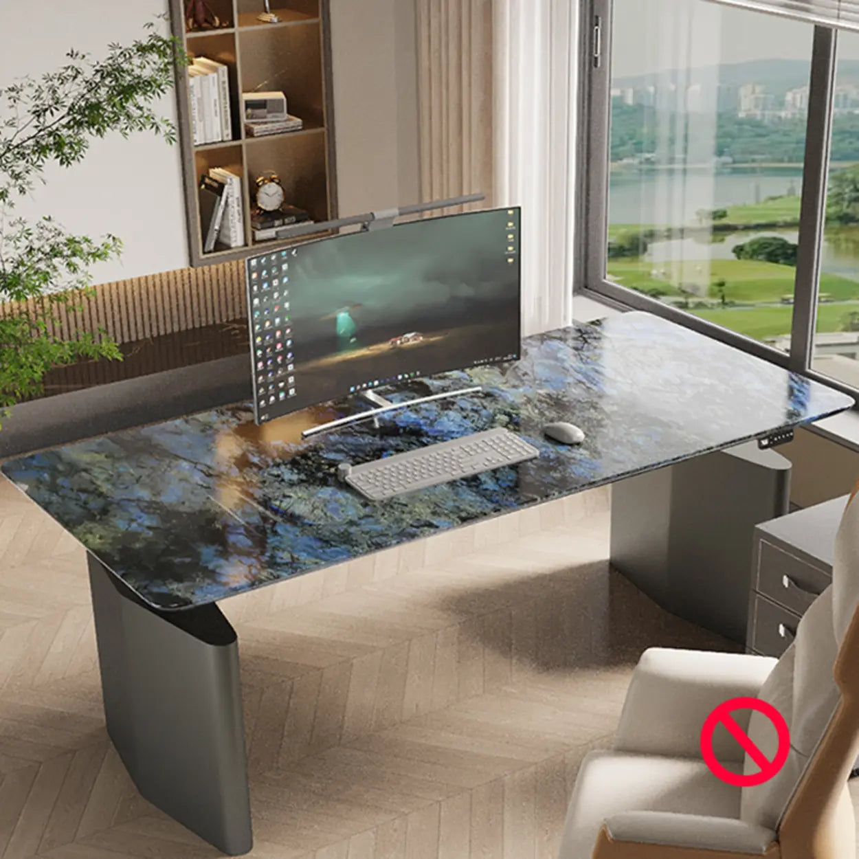 Adjustable Blue Stone Rectangular Sled Standing Desk — Without Chairs