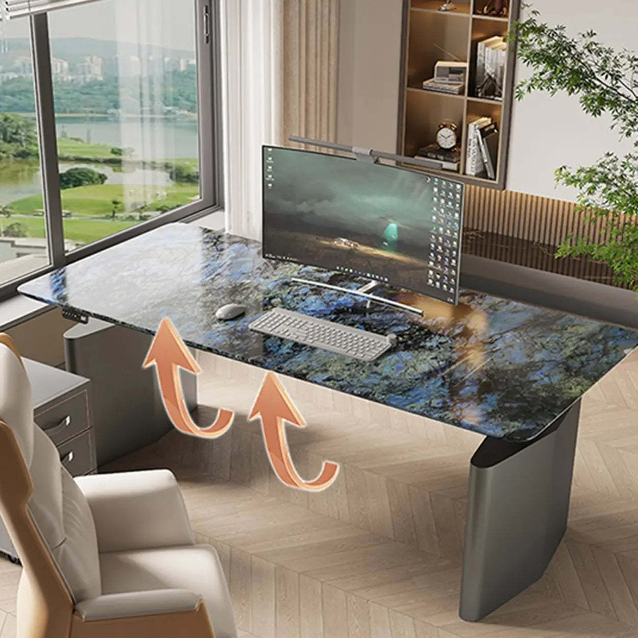 Adjustable Blue Stone Rectangular Sled Standing Desk — Without Chairs