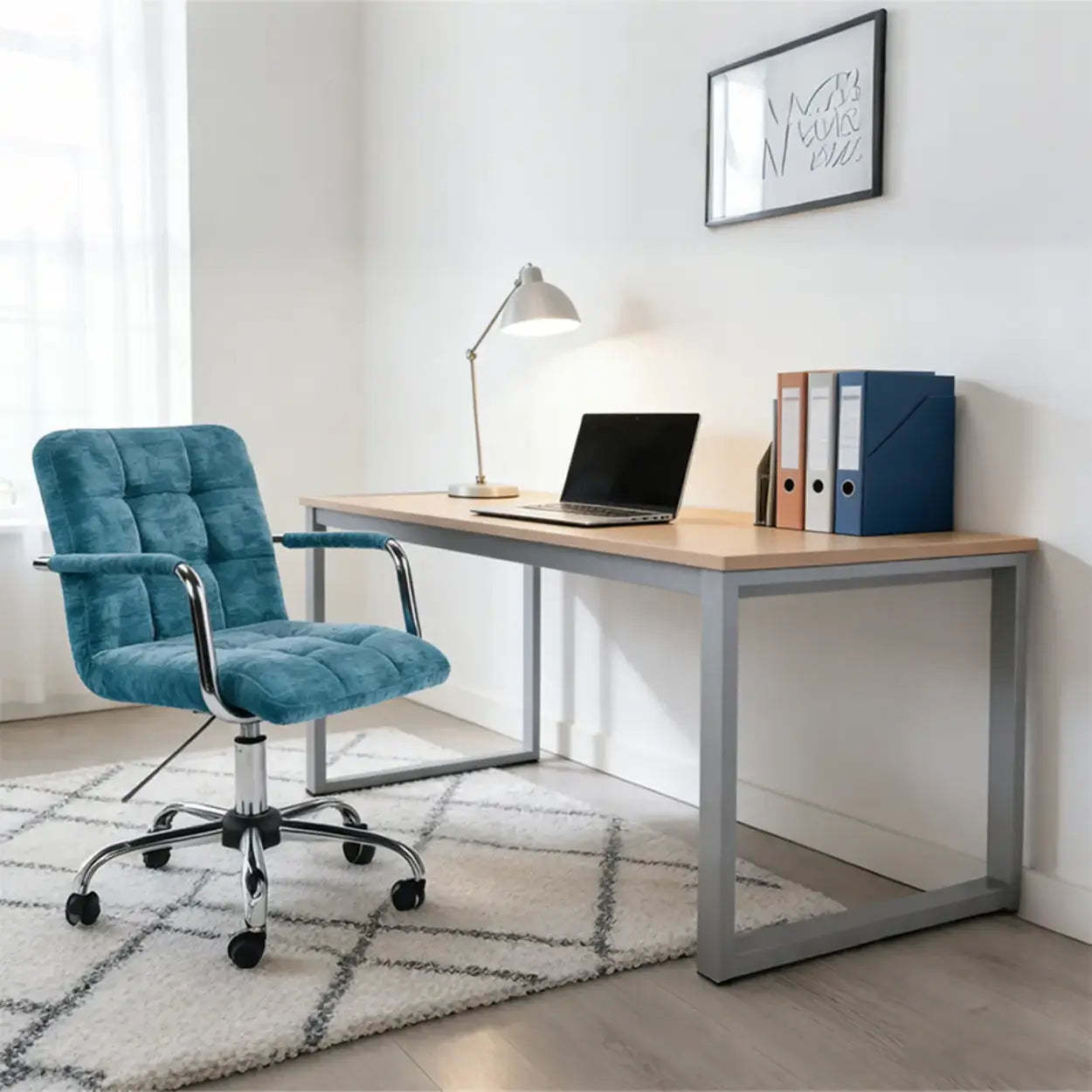 Blue Upholstered Swivel Ergonomic Office Chair — Silver / Blue