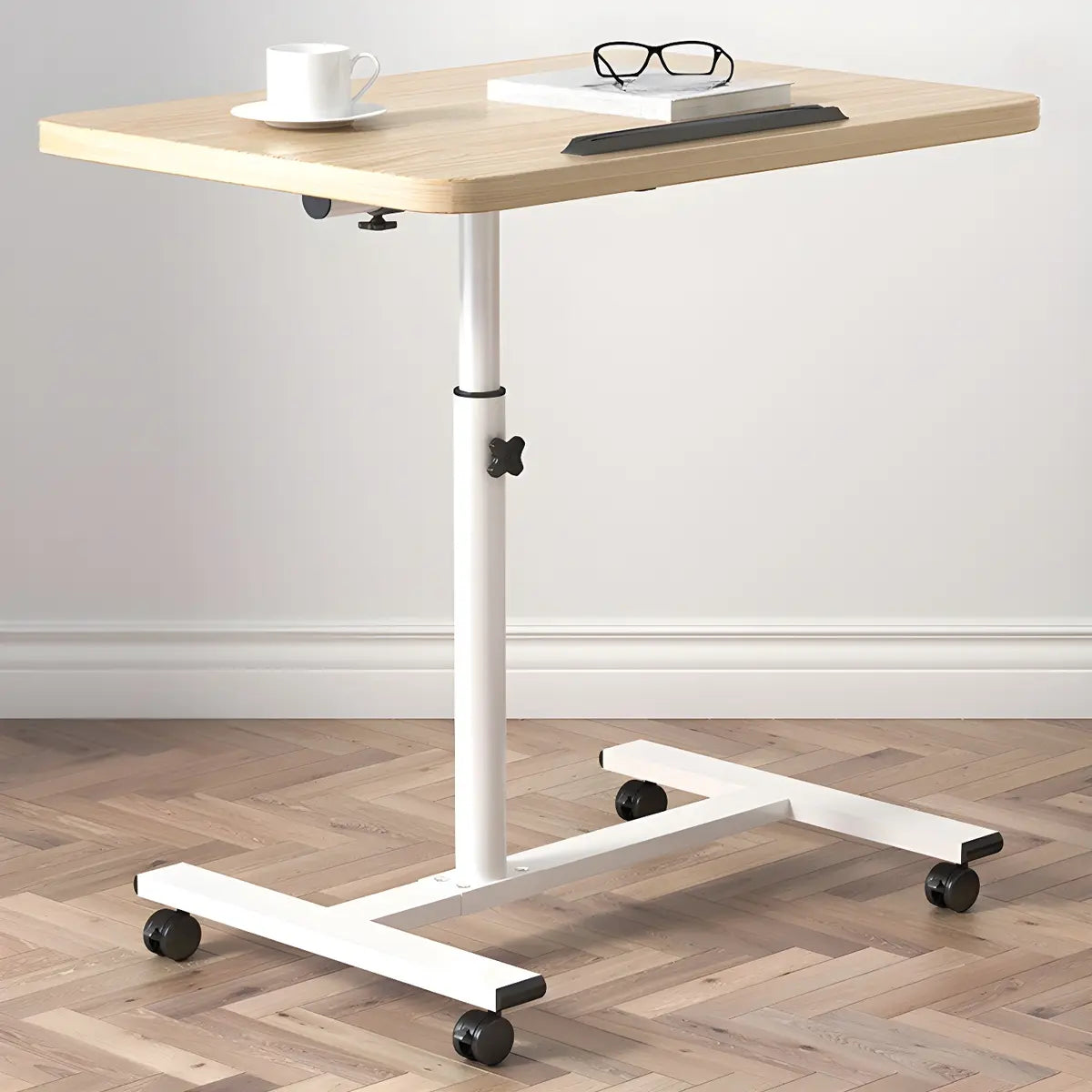 Adjustable Wood T-Shape Small Standing Desk with Casters — Without Chairs