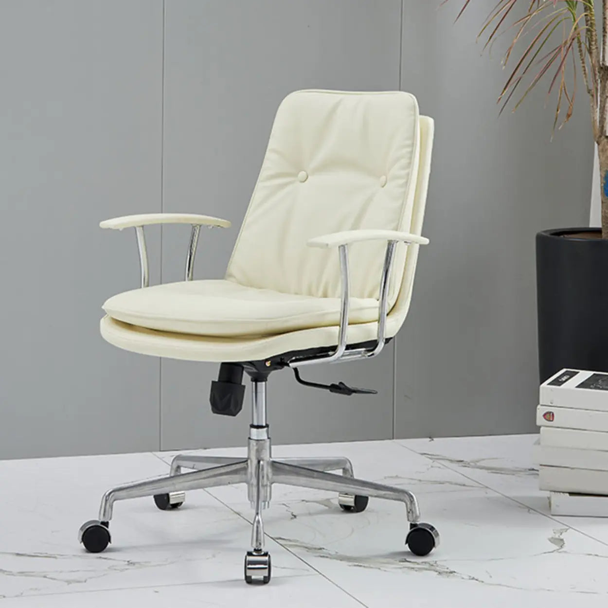Adjustable Cream Ergonomic Leather Office Chair with Arms