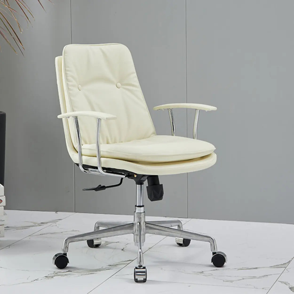 Adjustable Cream Ergonomic Leather Office Chair with Arms