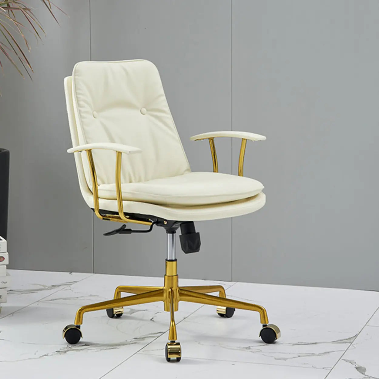 Adjustable Cream Ergonomic Leather Office Chair with Arms