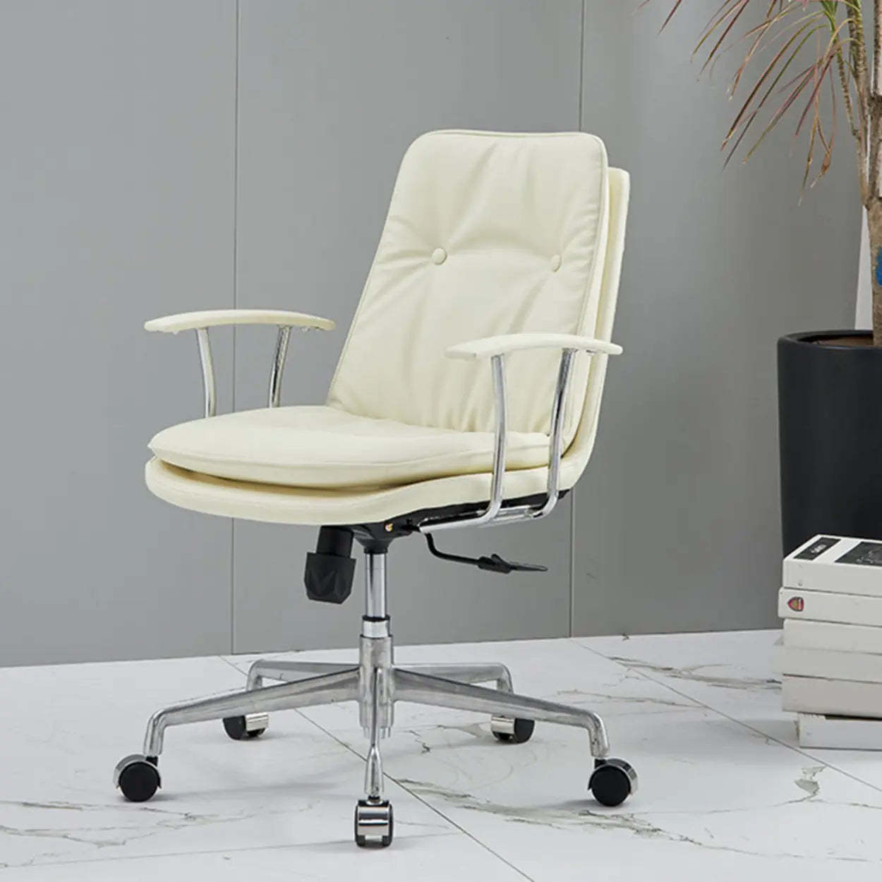 Adjustable Cream Ergonomic Leather Office Chair with Arms — Orange/ Black / Cow Leather