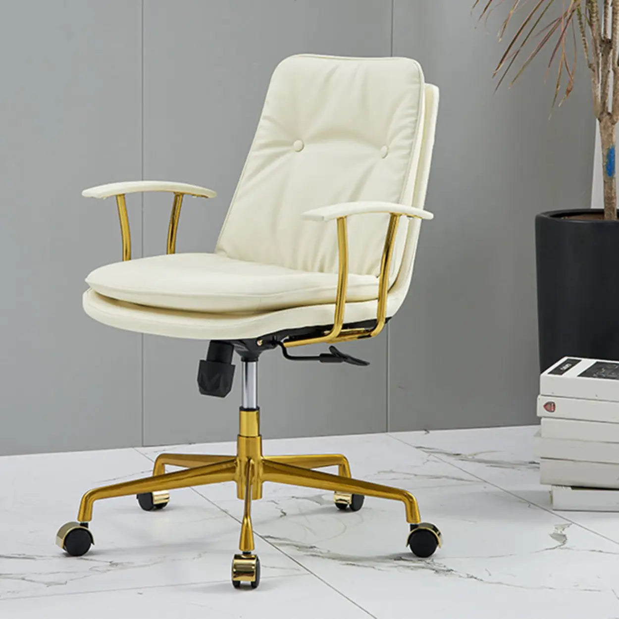 Adjustable Cream Ergonomic Leather Office Chair with Arms — White/ Silver / Cow Leather