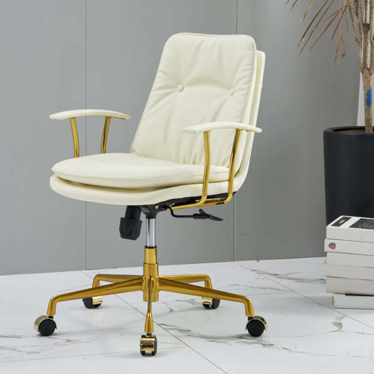 Adjustable Cream Ergonomic Leather Office Chair with Arms — White/ Silver / Cow Leather