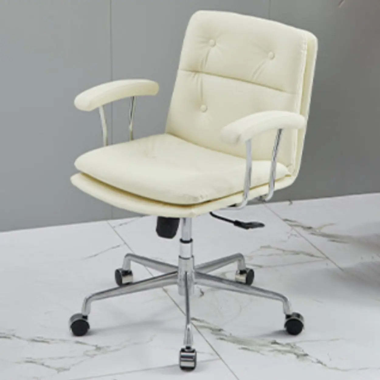 Adjustable Cream Ergonomic Leather Office Chair with Arms — White/ Silver / Faux Leather