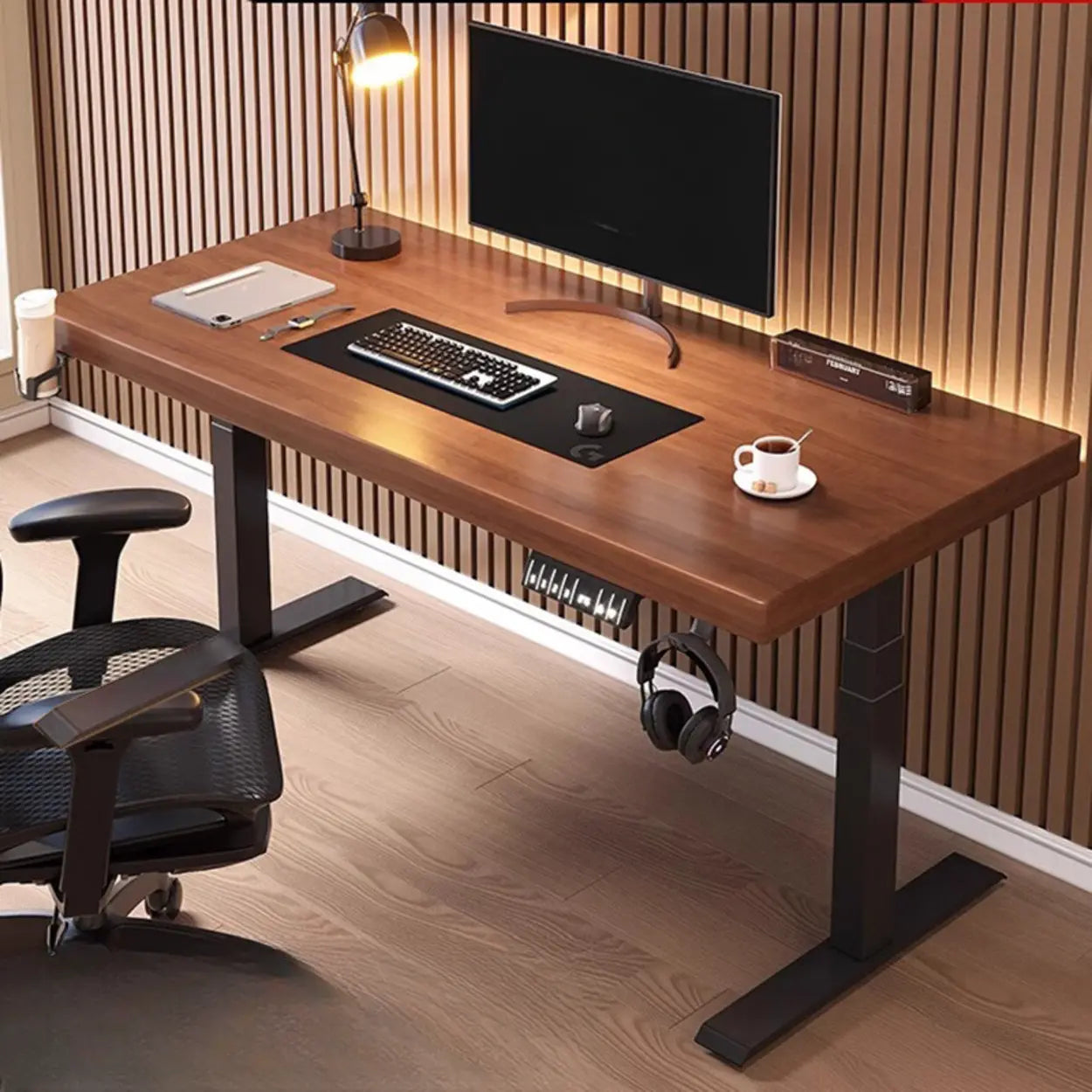 Adjustable Dark Walnut-Black T-Shape Computer Desk