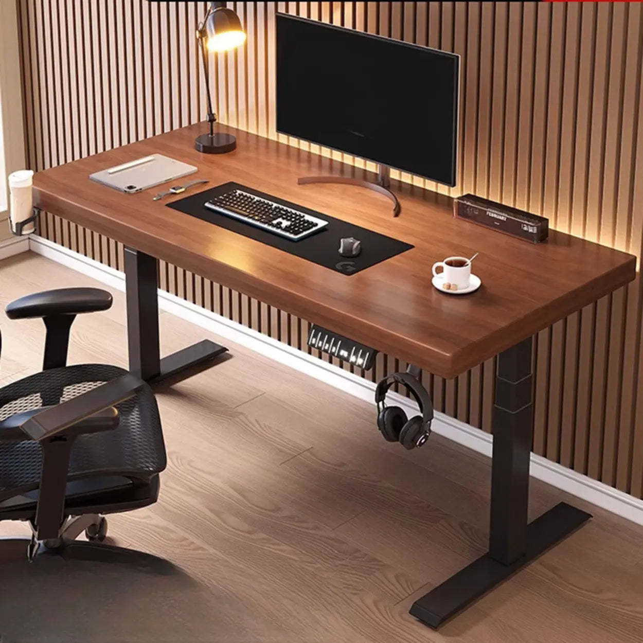 Adjustable Dark Walnut-Black T-Shape Computer Desk — White / Table Only