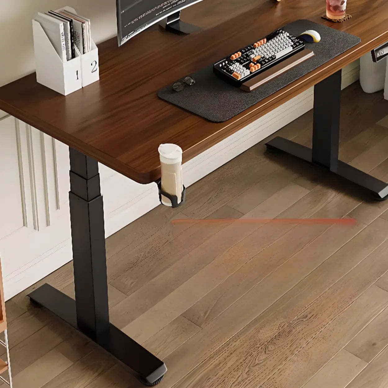 Adjustable Dark Walnut-Black T-Shape Computer Desk — White / Table Only