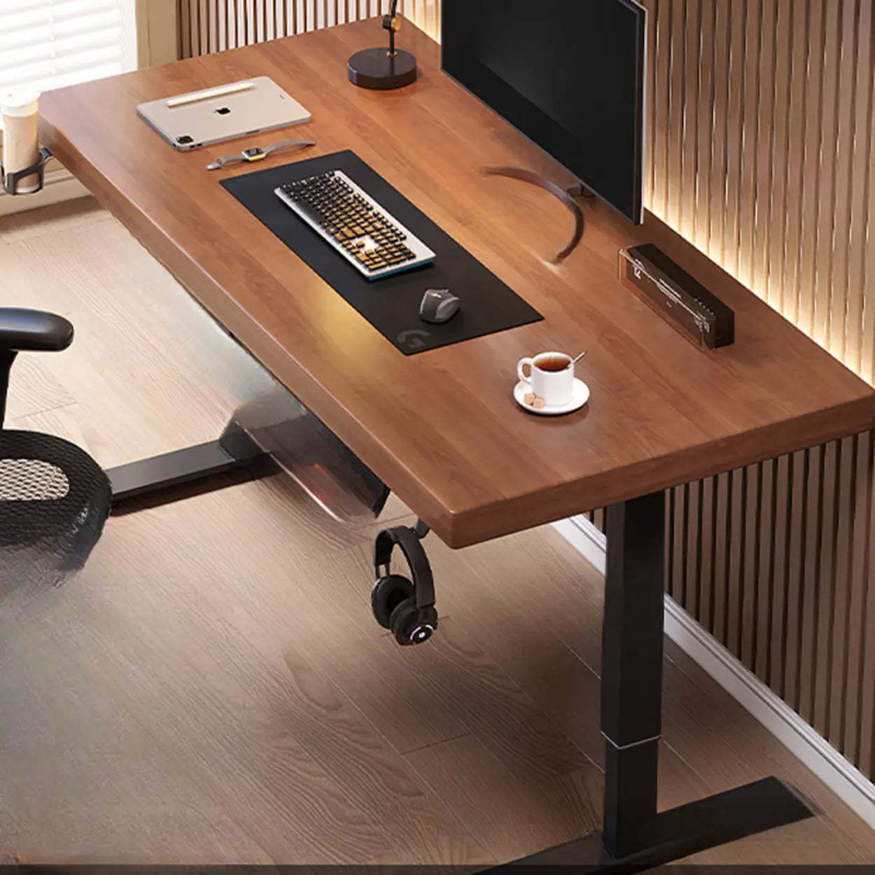 Adjustable Dark Walnut-Black T-Shape Computer Desk — White / Table Only