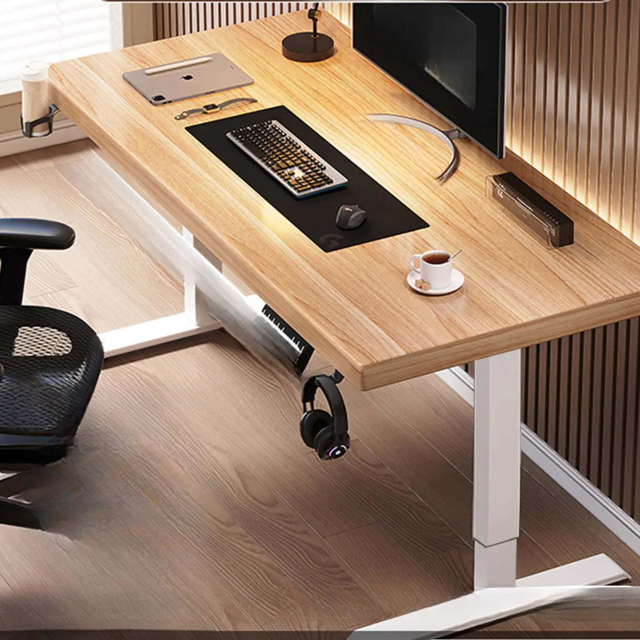 Adjustable Dark Walnut-Black T-Shape Computer Desk — White / Table Only