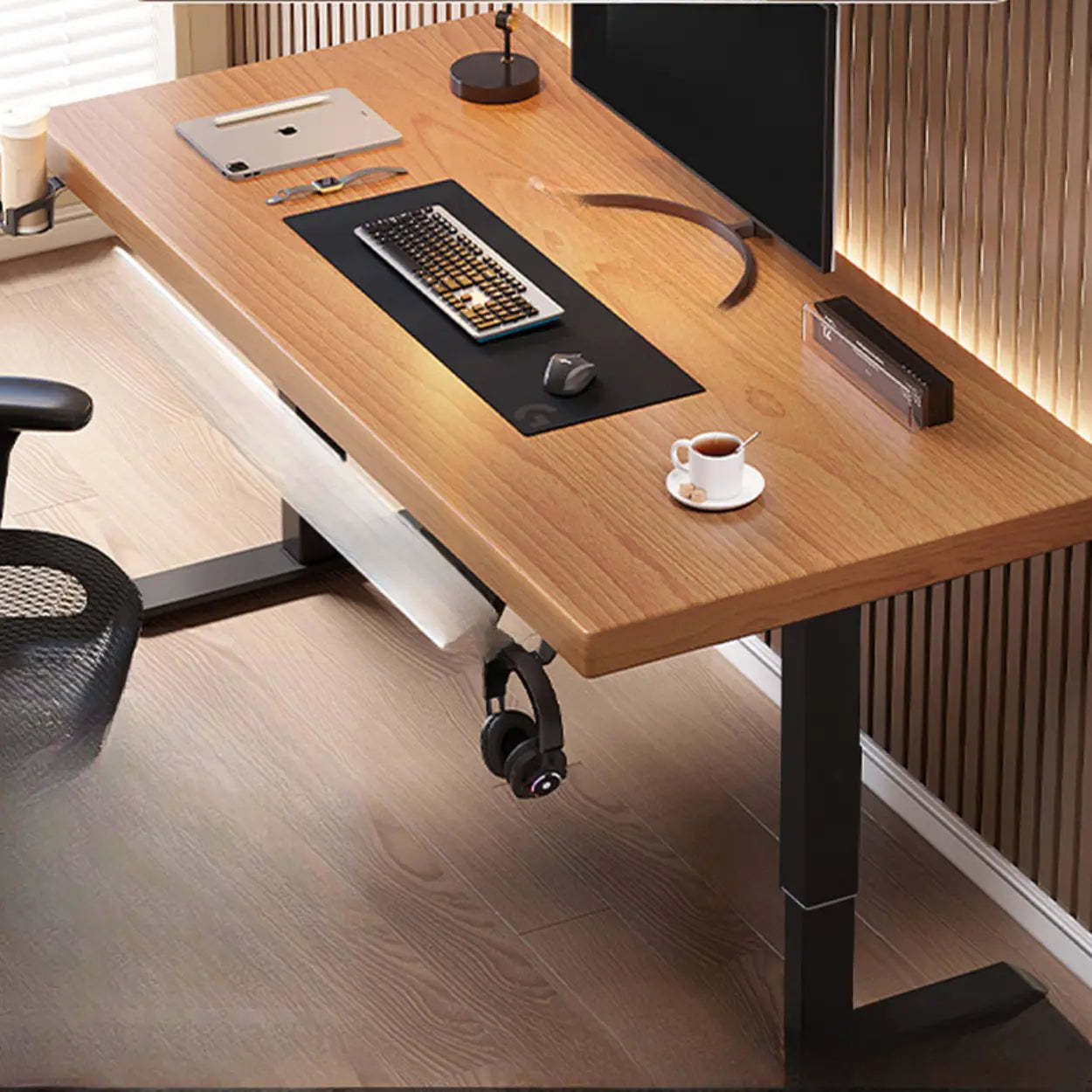 Adjustable Dark Walnut-Black T-Shape Computer Desk — White / Table Only
