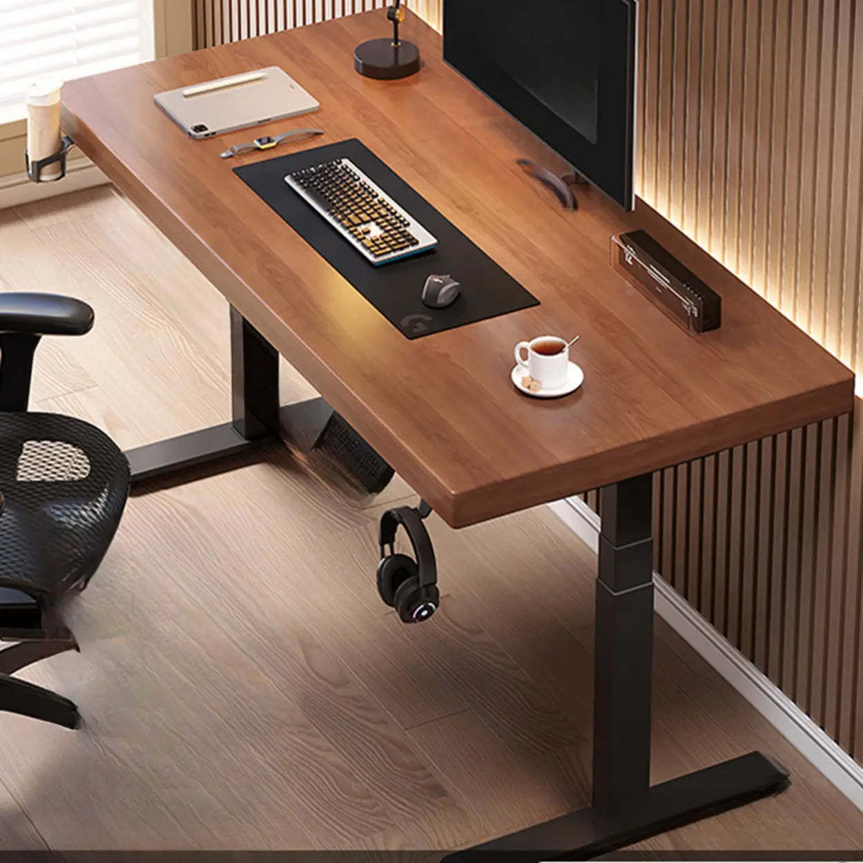 Adjustable Dark Walnut-Black T-Shape Computer Desk — Natural/ White / Table Only