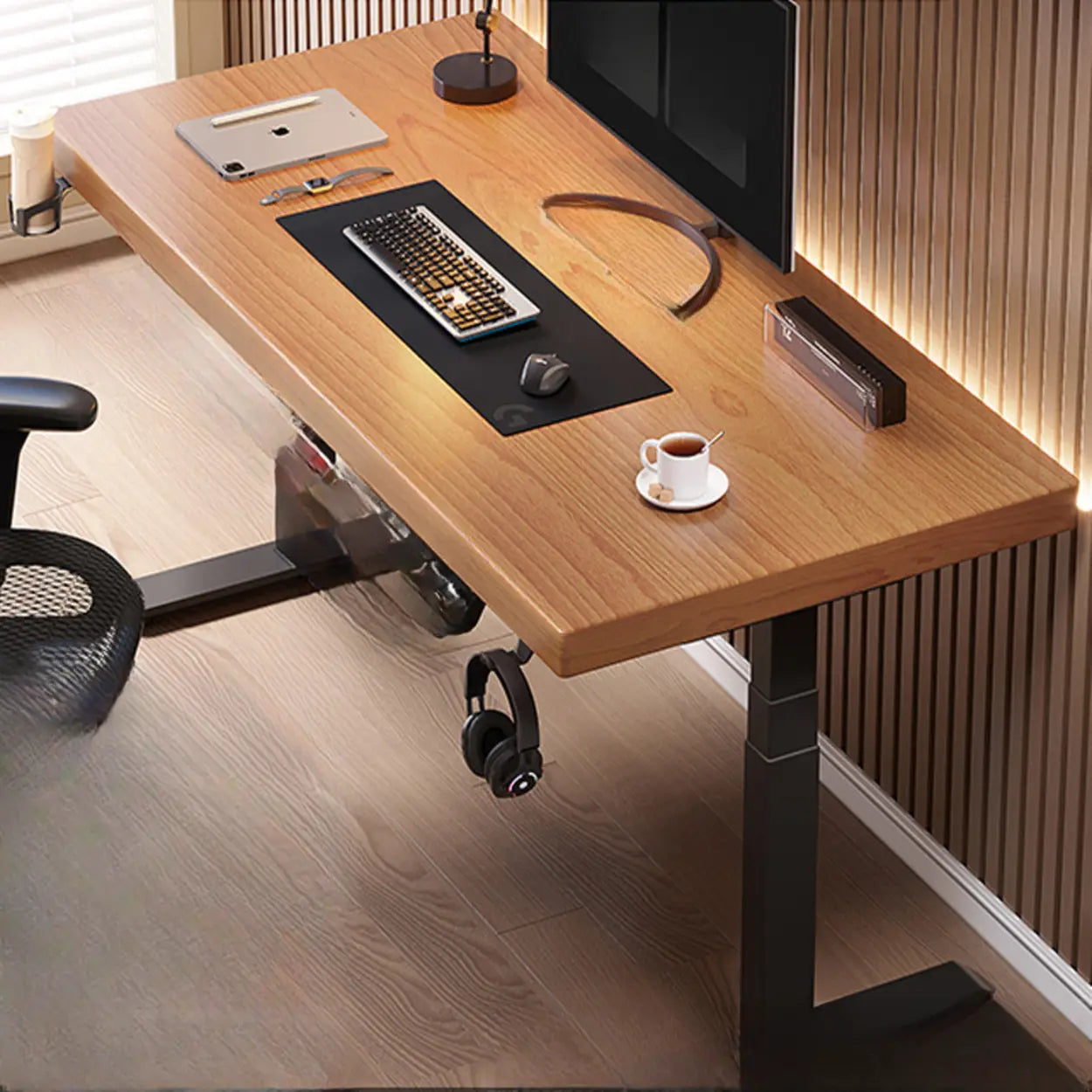 Adjustable Dark Walnut-Black T-Shape Computer Desk — White / Table Only