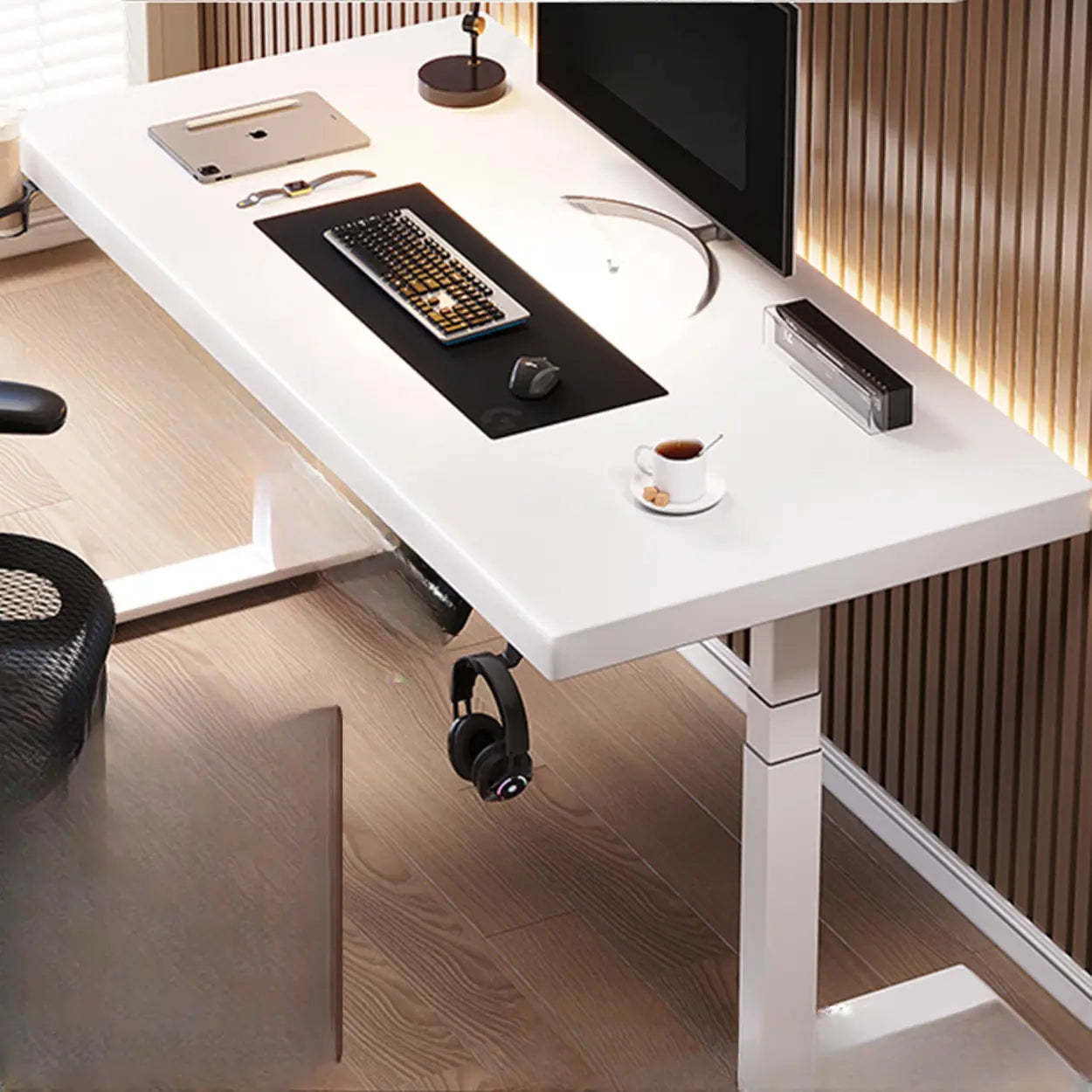 Adjustable Dark Walnut-Black T-Shape Computer Desk — White / Table Only