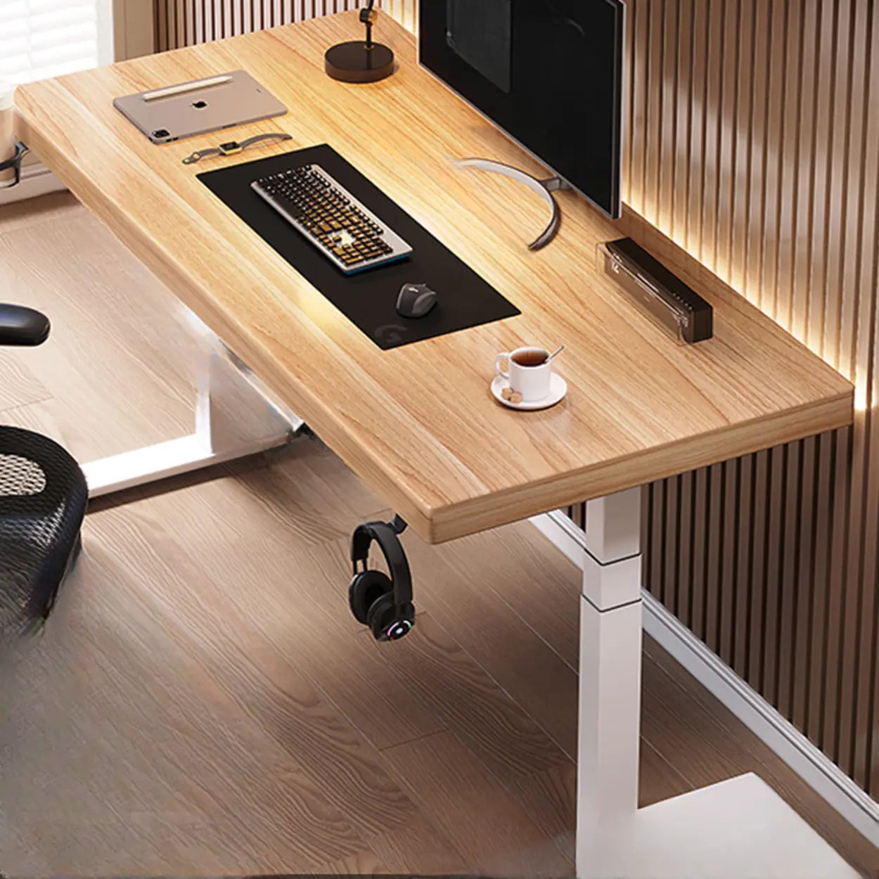 Adjustable Dark Walnut-Black T-Shape Computer Desk — White / Table Only