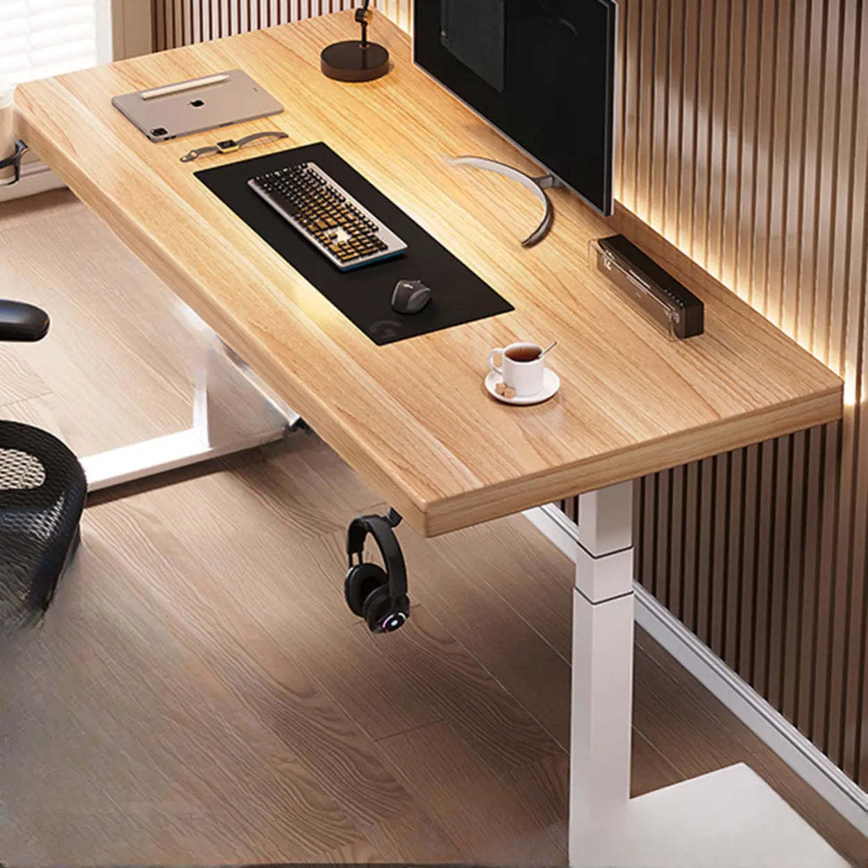 Adjustable Dark Walnut-Black T-Shape Computer Desk — White / Table Only