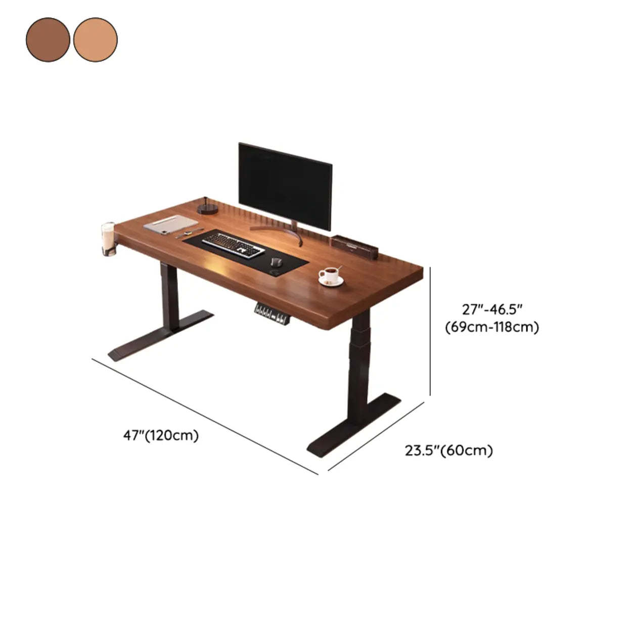 Adjustable Dark Walnut-Black T-Shape Computer Desk — Oak/ Black / Table Only