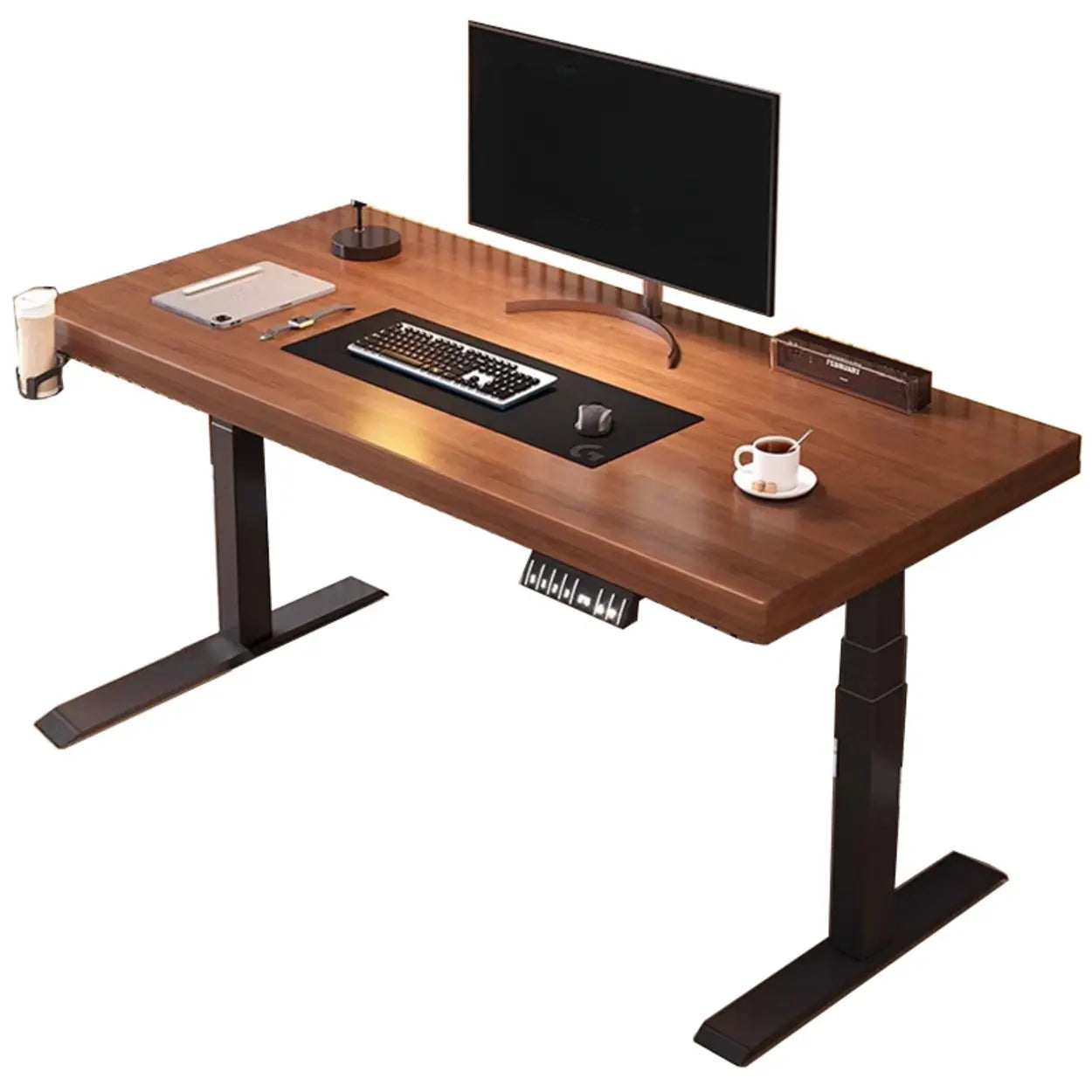 Adjustable Dark Walnut-Black T-Shape Computer Desk — White / Table Only