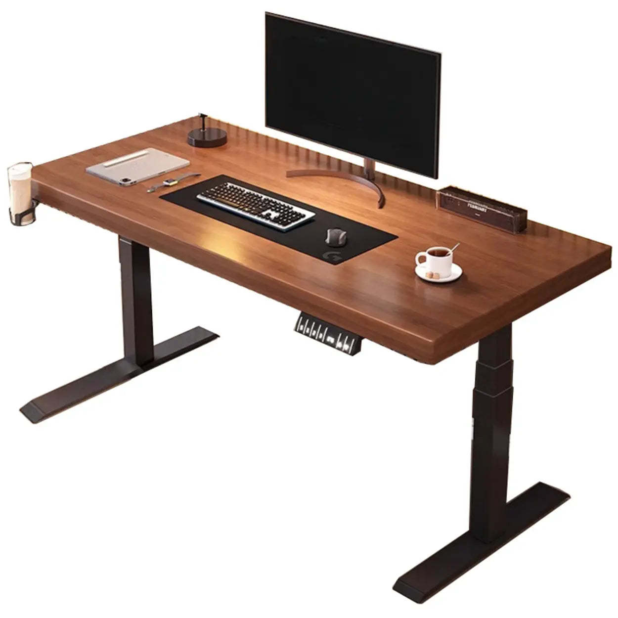 Adjustable Dark Walnut-Black T-Shape Computer Desk — White / Table Only