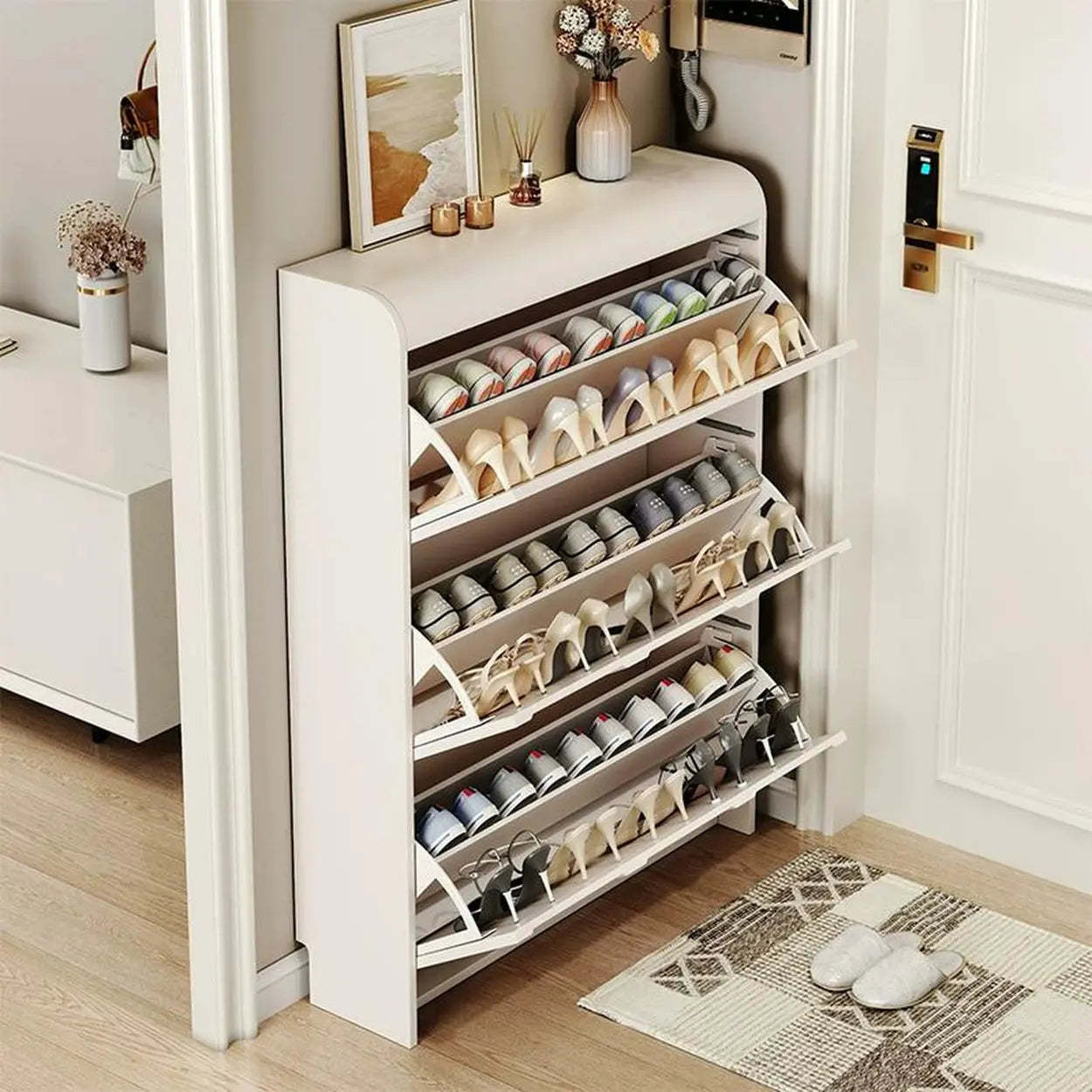 White Drop-Front Shoe Storage Cabinet