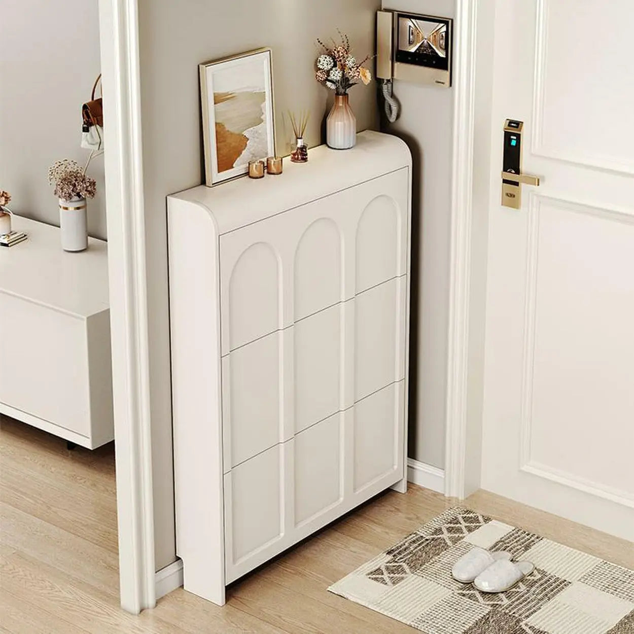 White Drop-Front Shoe Storage Cabinet