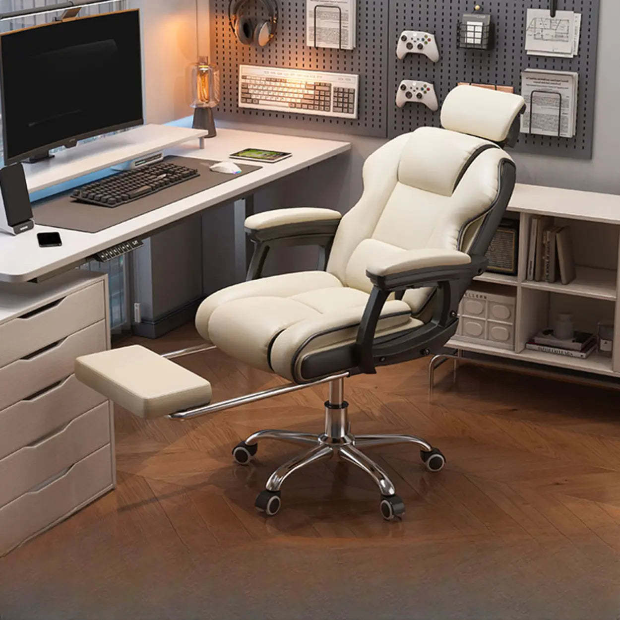 Adjustable Ergonomic Cream Leather Office Chair — Black / With Footrest / Latex