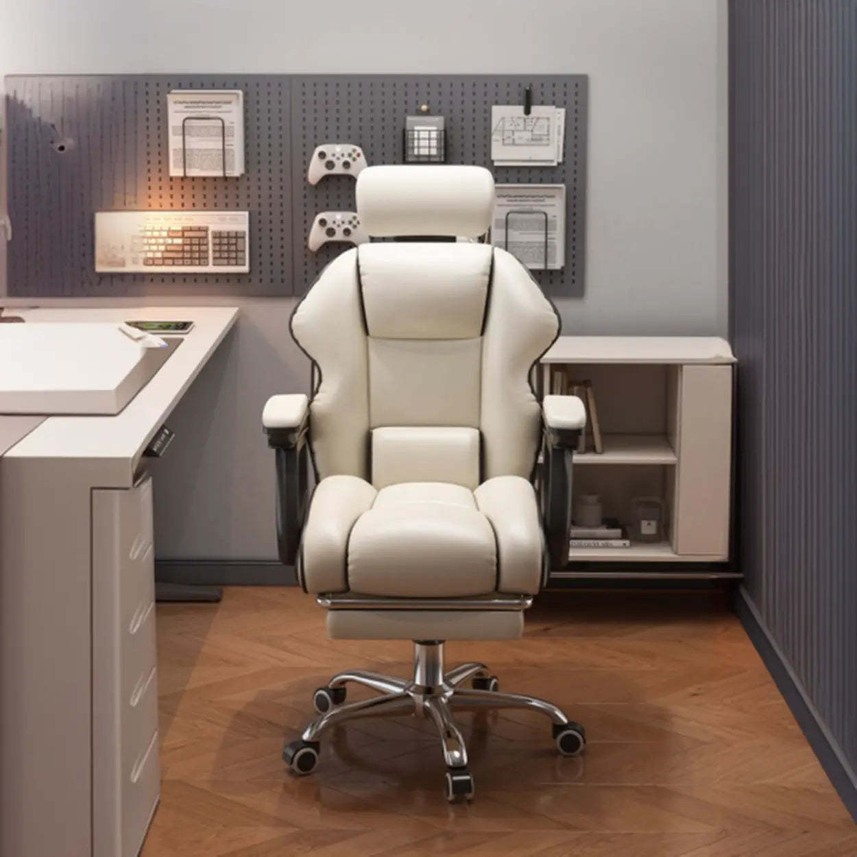 Adjustable Ergonomic Cream Leather Office Chair — Gray / With Footrest / Sponge