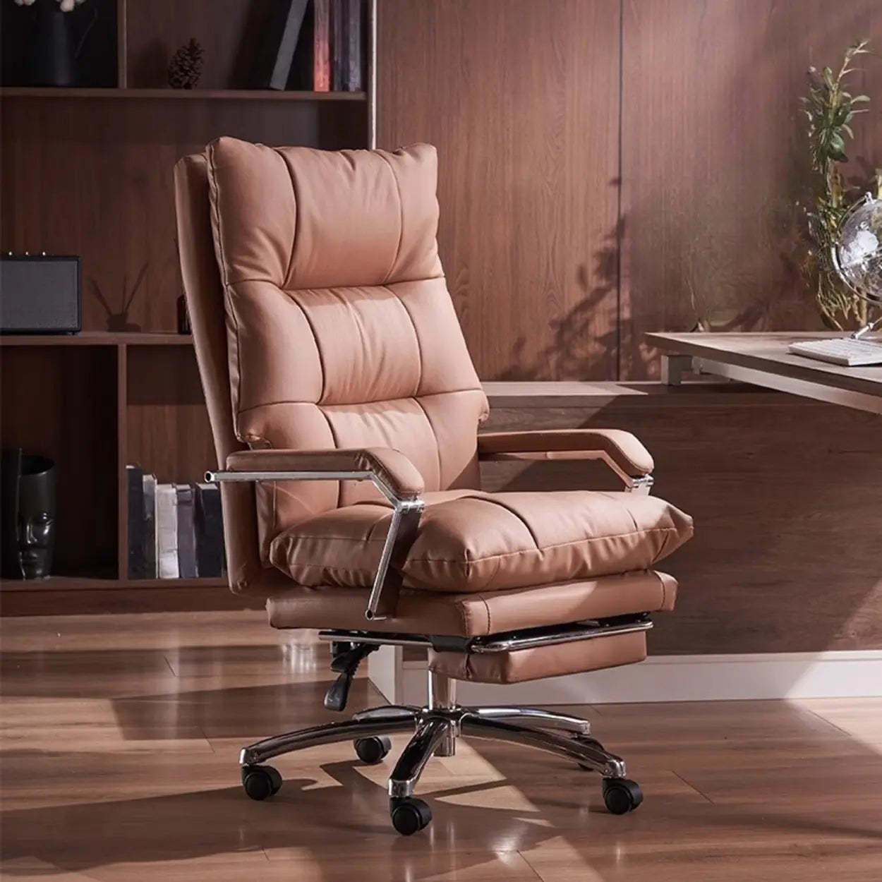 Adjustable Ergonomic Orange Leather Office Chair — Cattlehide / White