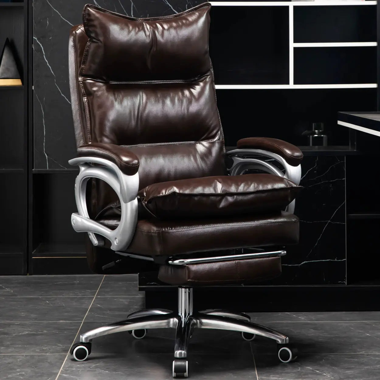 Adjustable Leather Swivel Recliner Office Chair — Black / With Footrest / Microfiber Leather