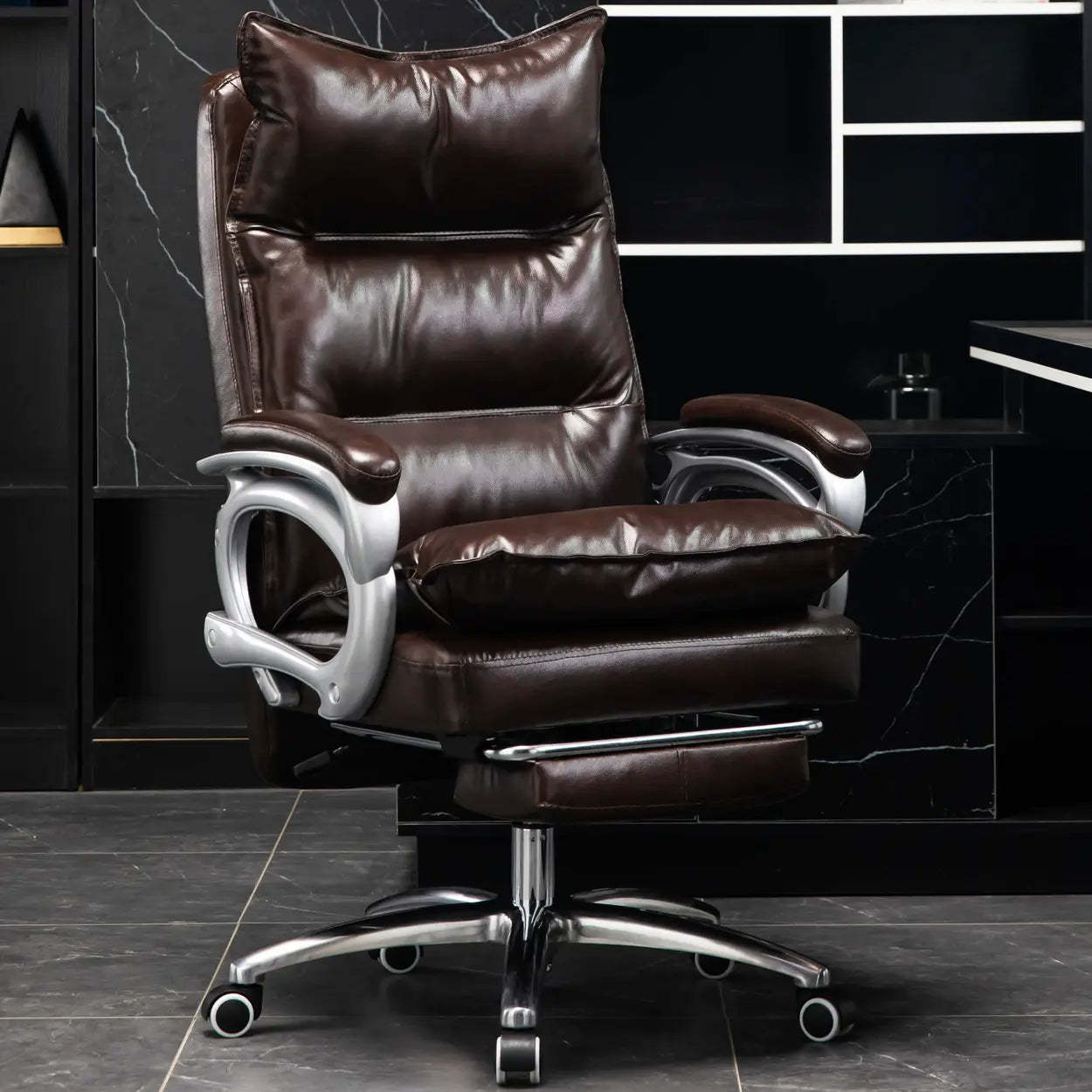 Adjustable Leather Swivel Recliner Office Chair — Black / With Footrest / Microfiber Leather