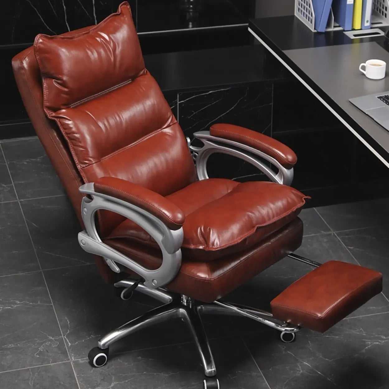 Adjustable Leather Swivel Recliner Office Chair — Black / Without Footrest / Full Grain Cow Leather