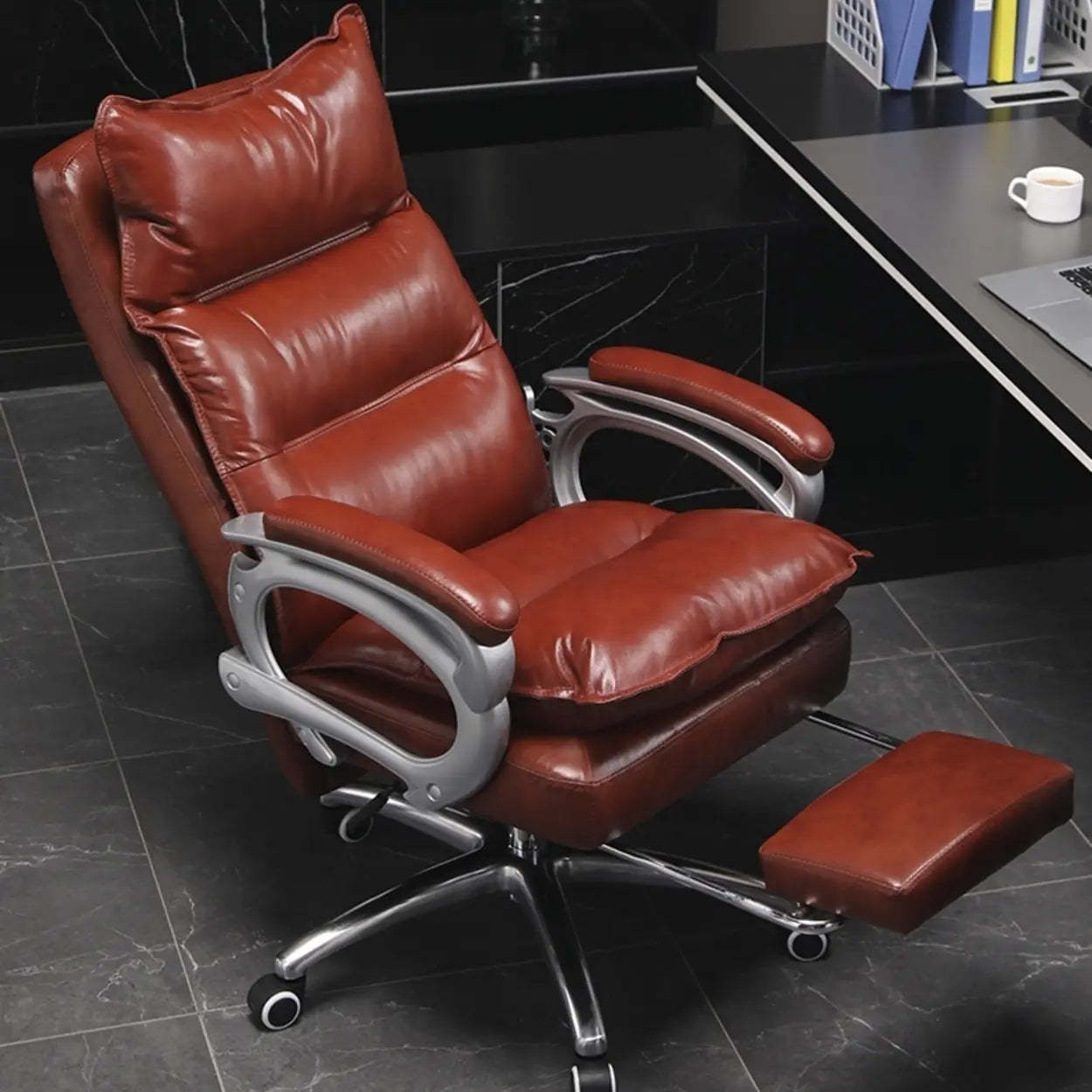 Adjustable Leather Swivel Recliner Office Chair — Black / Without Footrest / Full Grain Cow Leather