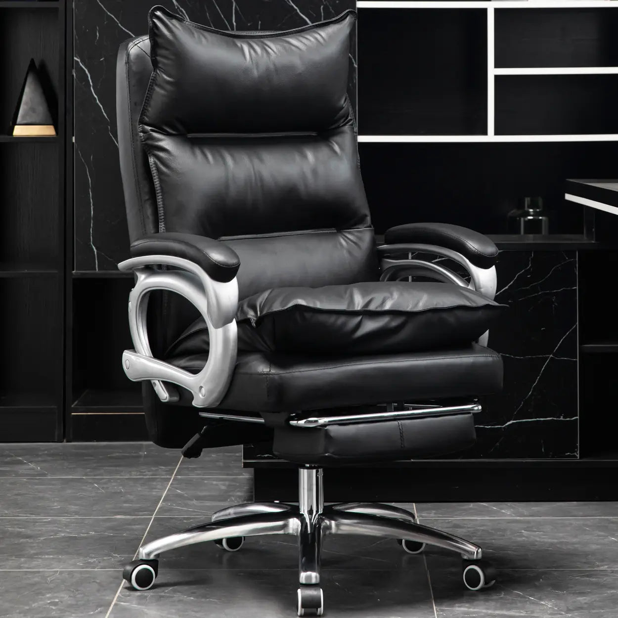 Adjustable Leather Swivel Recliner Office Chair — Black / Without Footrest / Microfiber Leather