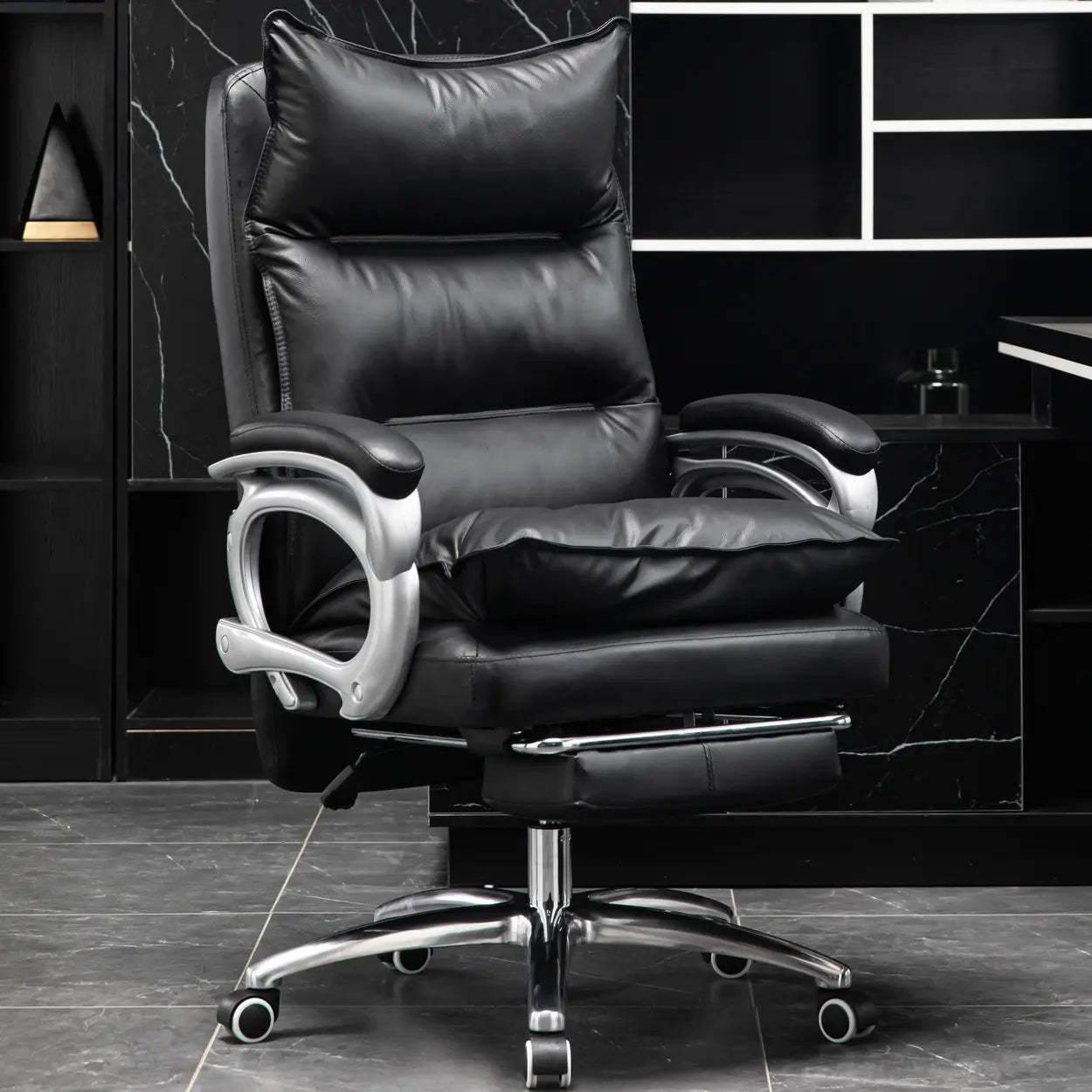 Adjustable Leather Swivel Recliner Office Chair — Black / Without Footrest / Microfiber Leather