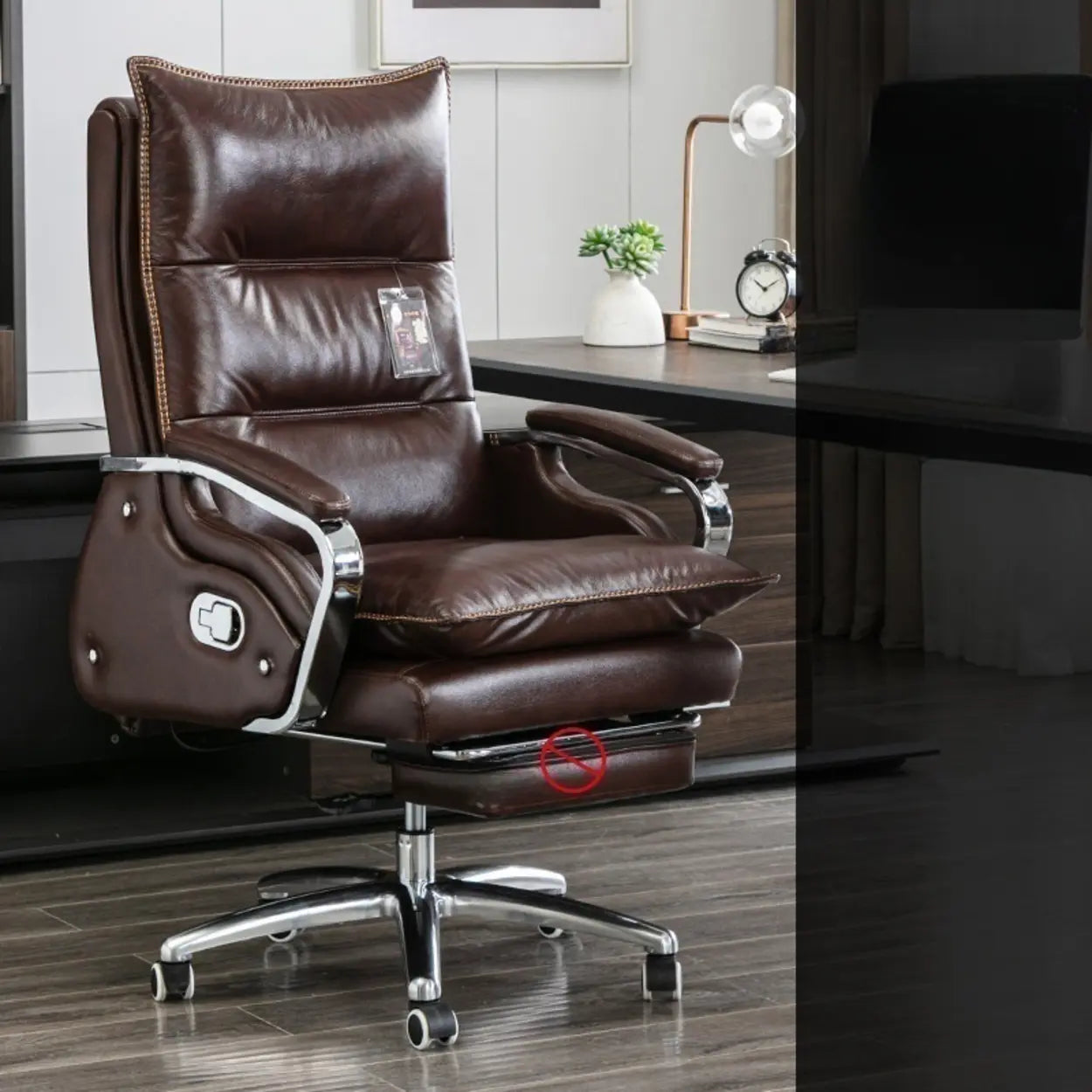 Adjustable Leather Swivel Recliner Office Chair — Coffee / With Footrest / Full Grain Cow Leather