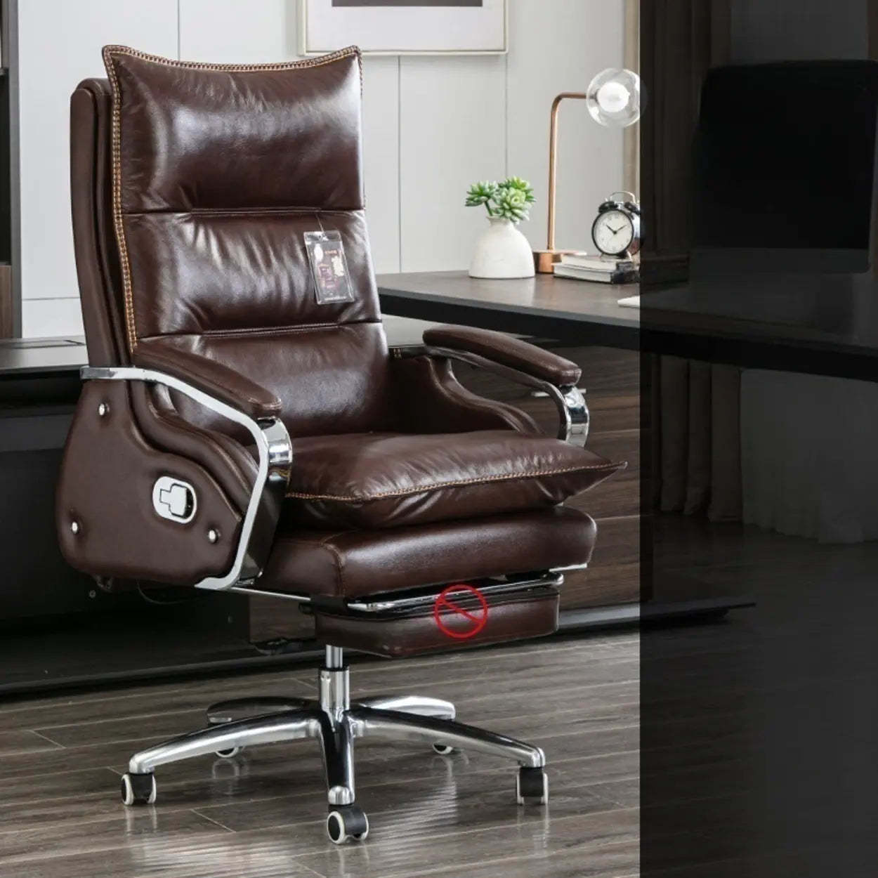 Adjustable Leather Swivel Recliner Office Chair — Coffee / With Footrest / Full Grain Cow Leather