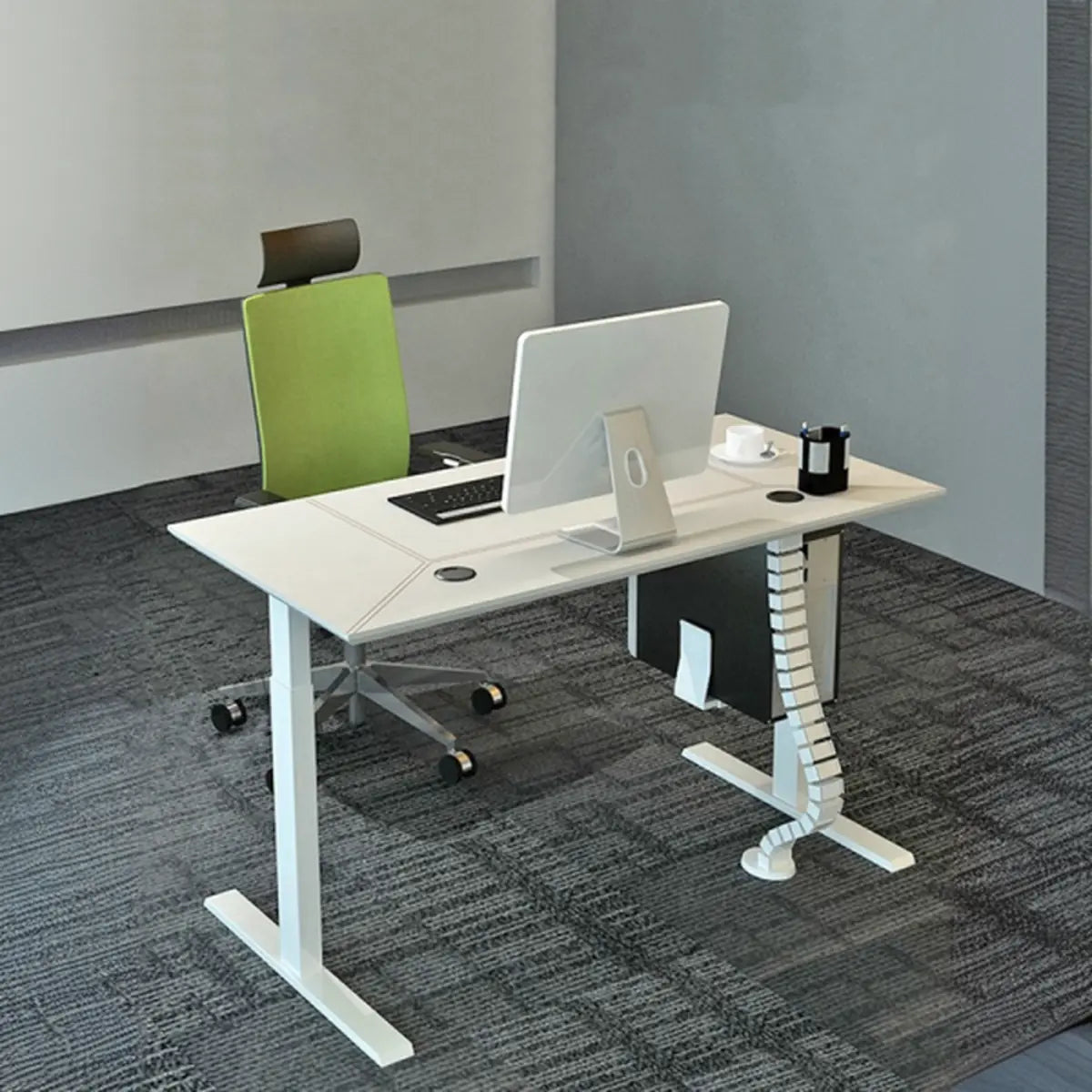 Adjustable Ergonomic White Wood T-Shape Computer Desk — Black / Without Chairs