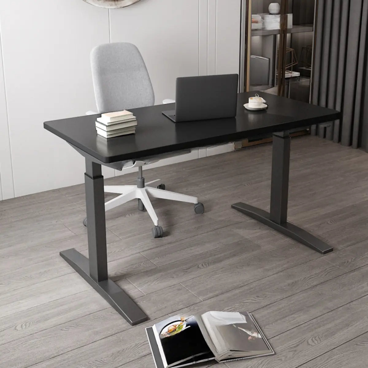 Adjustable Ergonomic White Wood T-Shape Computer Desk — Brown / Without Chairs