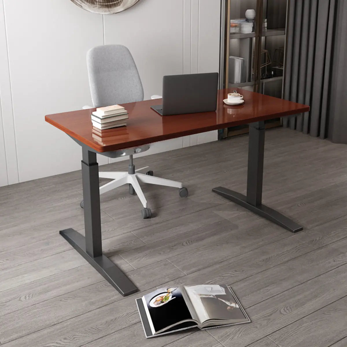 Adjustable Ergonomic White Wood T-Shape Computer Desk — Natural / Without Chairs