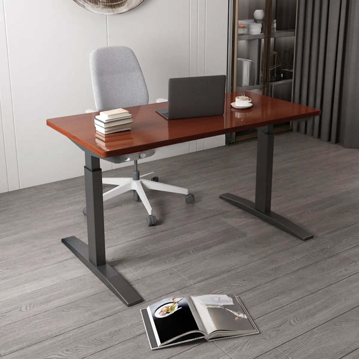 Adjustable Ergonomic White Wood T-Shape Computer Desk — Natural / Without Chairs