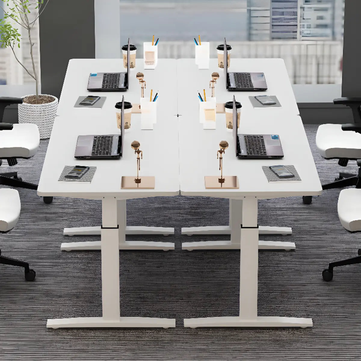Adjustable Ergonomic White Wood T-Shape Computer Desk — White / Without Chairs