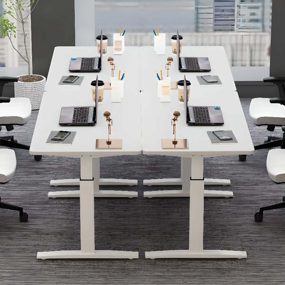 Adjustable Ergonomic White Wood T-Shape Computer Desk — White / Without Chairs