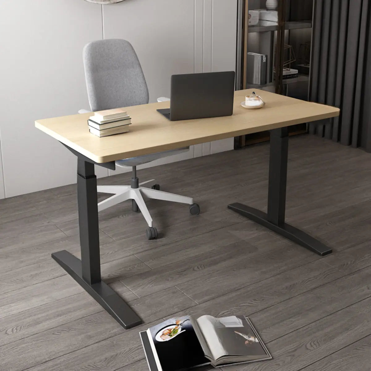Adjustable Ergonomic White Wood T-Shape Computer Desk — Black / Without Chairs